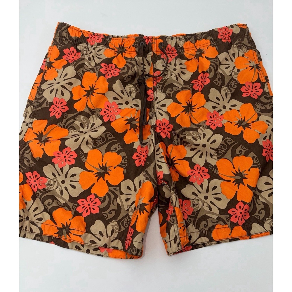 Men's Swim Trunks Size L Brown Orange Floral Hawaiian Hibiscus Shorts 40" Merona